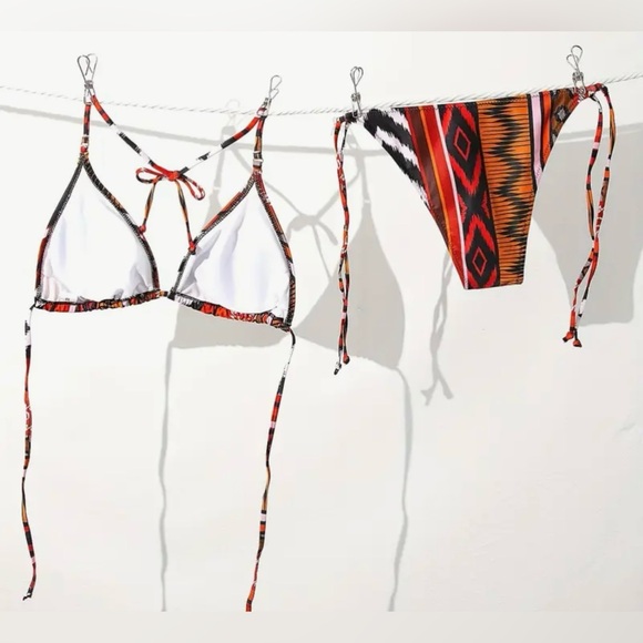 Boho Ethnic Print Triangle Halter Side Tie Bikini Set - Picture 10 of 12